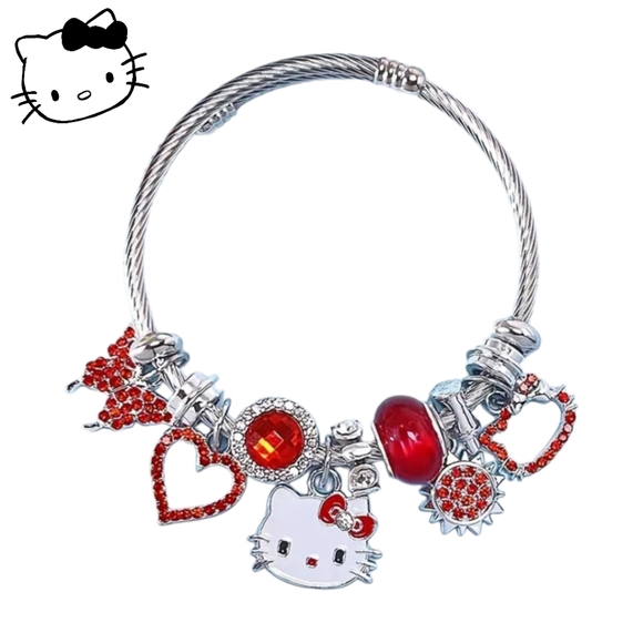 New Arrival! Sanrio HELLO KITTY Silver And Red Rhinestone Charm Bangle Bracelet - Picture 1 of 9
